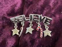 Christmas “Believe” Brooch Silver w/ Candy Canes and Stars