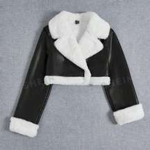  1pc Teddy Lined PU Leather Sleeve Crop Jacket