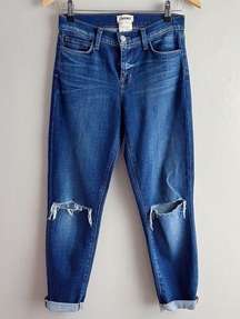 L’Agence Mid-Rise Cropped Tapered Leg Distressed Jeans in Blue Denim, Size 24