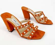 Jimmy Choo Hazal 85 Orange Suede Pearl Studded Heeled Mules Sandals IT 37 US 7