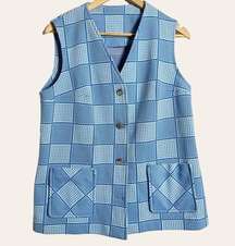 70’s Vintage Blue Checkered Print Sleeveless Button Front Vest Size L