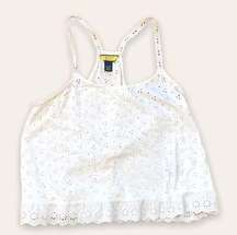 Prince & Fox White Racerback Tank Cropped Scalloped Eyelet Lace Flower Detail