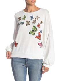 Go Couture Cartoon Butterflies Crew Neck Dolman Balloon Sleeve Sweater Ivory S