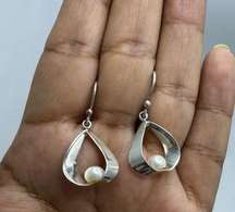 925 Silver Dangle Pearl Moon Earrings Minimalist Modern Handmade in Mexico