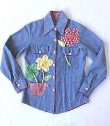 Vintage Size 10 70s Daisy Appliqué Chambray Shirt Embroidered 3D Flowers Button