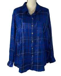 Style & Co 2X-Large Button-Up Top Plaid Metallic Accent Pocket Long Sleeve Blue