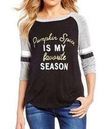 NEW NWT LIVING DOLL Pumpkin Spice Graphic Fall Coffee Tee 3/4 Sleeve JRS Small