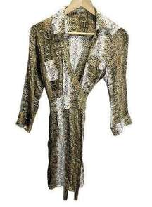 Lucy & Co Brown White Snake Print Wrap Dress. S Long Sleeved Collared. Pockets