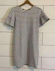 Kingdom & State Black and Whited Striped Dress with Ruffled Short Sleeves.