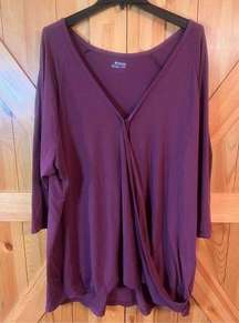 Columbia Wrap Shirt Women's 3X Maroon Purple 3/4 Sleeve Tie Front Pleated Back n