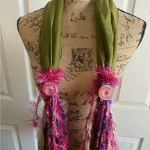 NWOT Handcrafted Scarf in Olive Green w/ Purple, Pink, Yellow Ribbons,