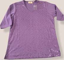 Quacker Factory Purple Sequin 1/2 Sleeve Top- Sz Small- NWOT