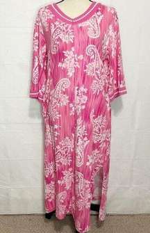 Carole Hochman Long Dressing Gown Housecoat 1/2 Zip Pink Floral Cotton Sz Small