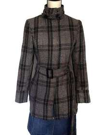 XXI Wool Pea Womens Coat Size Small Tweed Plaid Belted Gray High Collar