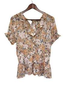 everleigh Blouse Womens Medium Floral Peplum Semi Sheer Bow Ruffle Feminine Boho