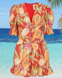 FARM RIO Papaya Tropical Puf Sleeve Vacation Resort Romper | Sz. Medium