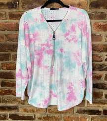 Ariella Tie Dye Quarter Zip Long Sleeve Eyelet Blouse Women's Size Large