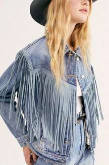 We The Free People After Hours Fringe Denim Jacket Size Large Vintage Western