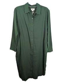 Pact Organic Cotton Lightweight Midi Shirt Dress Green Long Sleeve Pockets NWT M