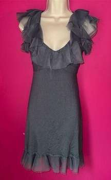 Soda Blu Women's Gray Ruffled Mini Dress Cap Sleeve Tie Neck Party Size S