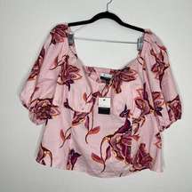 NWT Eloquii Elements Shirt Women 20 Pink Flowers Puff Sleeve Smocked Crop Fitted