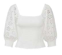 The Label Frame White Shirred Eyelet Lace Cropped Blouse Lacy Ruched size L