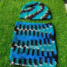 Handmade Crochet Infinity Scarf and Beanie Hat Teal Stripe