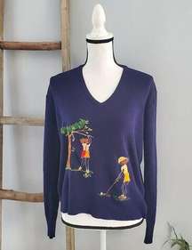 Andrew Argenti Vintage Blue V-Neck Lightweight Golf Embroidered Sweater L