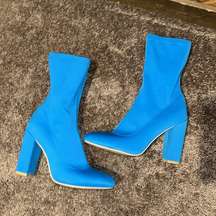 EGO neon blue fitted stretch high ankle block chunky heel boots