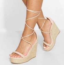 Boohoo Nude Woven Strap Up Sandal Wedge Heel Sizes 8