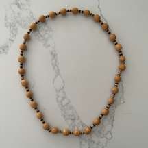 Wooden Beaded Necklace with Striped Beads 34" long in Tan and Black