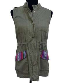 Harper Army Green Vest With Colorful Pocket Accents Size S 100% Cotton
