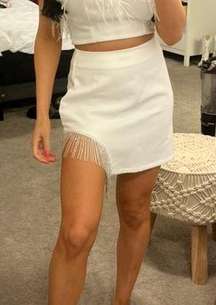 Fringe Rhinestone White Mini Skirt