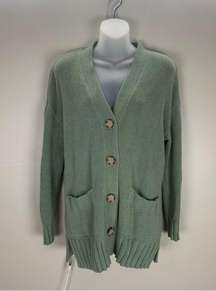 Loft Long Sweater Cardigan Button Front Green size Small Front Pockets V neck