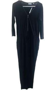 NY & Co S 3/4 Sleeve Zipper Front Pant Suit Jumper Black Viscose Stretchy