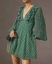 Anthropologie  Deep-V Ruffled Romper in Emerald Green Plaid