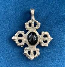 Medieval Black Onyx Cabochon Stone SIlver Pewter Gothic Cross Pendant