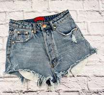 Signature 8 Shorts Womans Small Blue Distressed Button Fly Denim Raw Hem