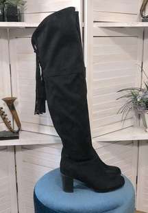 Attention over the knee boho black suede leather tassel block heel boots sz 8