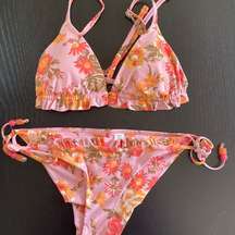 Aerie pink floral triangle bikini, Size Small, removable pads, ruffles, beachy