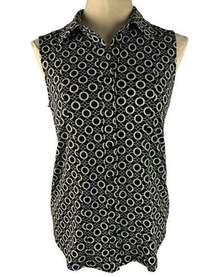 XS Kasper Women's Stretch Sleeveless Button Up Blouse Black White Print