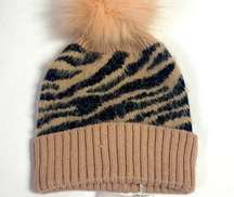 Shiraleah pink tiger print faux fur pom pom beanie hat NWT