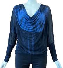 RED Haute Blue Long Sleeve Top Tie Dye Silk Sheer Sleeves Cowl Neck Size Small