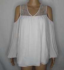 Parker Joanie Cold Shoulder Blouse Lace Billow Sleeve V Neck White Medium Top