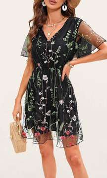 Darling Romance Black Floral Embroidery Mini Dress