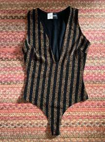 DAY & NIGHT BLACK & GOLD GLITTER STRIPE V CUT BODYSUIT ONE PIECE LEOTARD