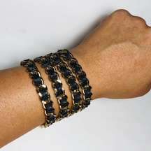 Gold Chain Link Multi Row Bracelet with Interlaced Black Leather