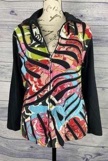 Good Fortune Zip Up Jacket Womens L Multi Color Long Sleeve Cotton Retro Art