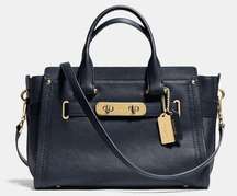 Coach Pebbled Leather Swagger 27 Navy Blue Gold Satchel Top Handle Purse Bag