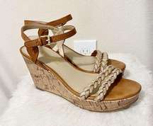 Unisa Tan and Gold Braided Wedge Cork Heels